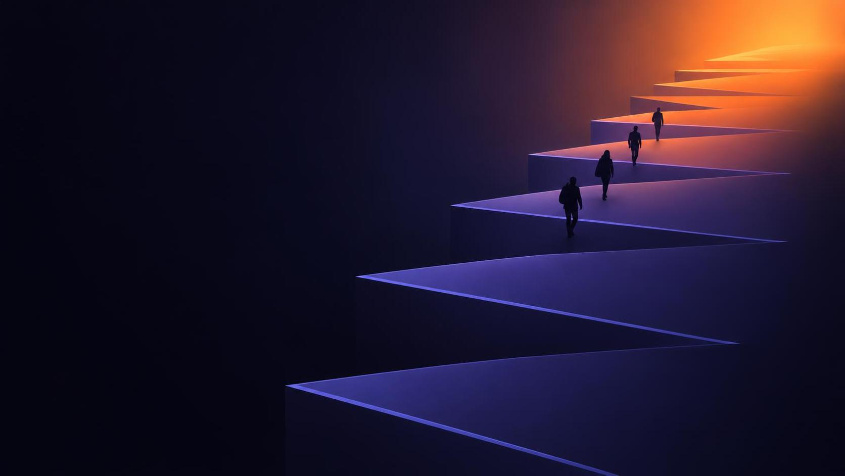 Figures climbing a stair of angular steps toward an orange light