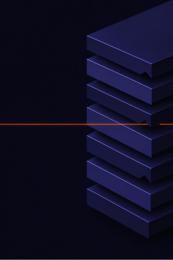 A stack of angular indigo plates crossed by a thin orange line